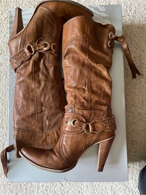 Women's Tan Leather Mid-Calf Heeled Booties with Decorative Hardware